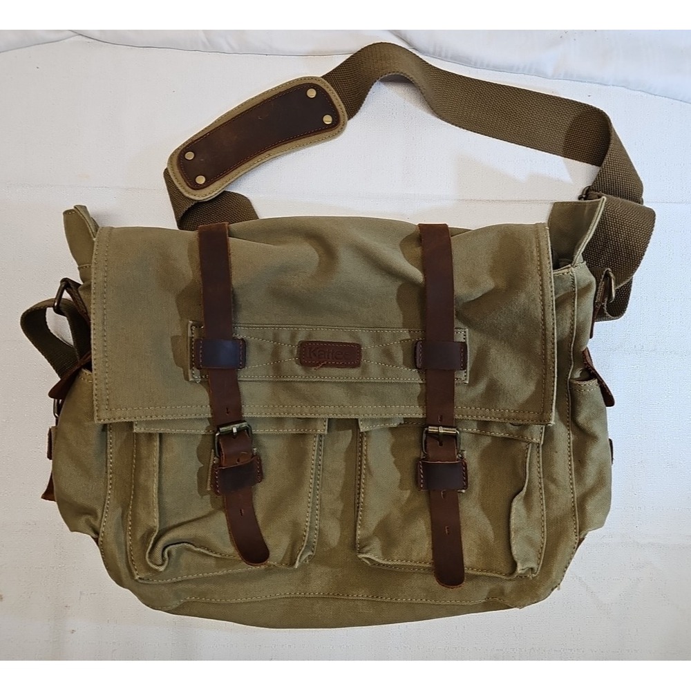 Retro Canvas & Leather Messenger/Laptop/Travel Satchel Strap Brass Hardware